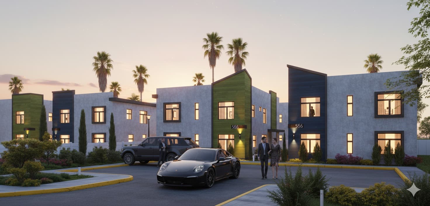 Render exterior al atardecer